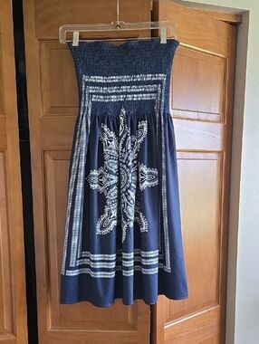 Navy Strapless Smocked Swim Cover Up or Sundress with White Bandana Print